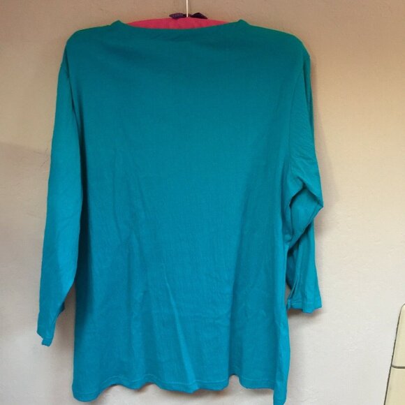 Artisan Top Womens XL Split Neck 3/4 Sleeve Flower Print Blouse Pullover Blue - Picture 4 of 6